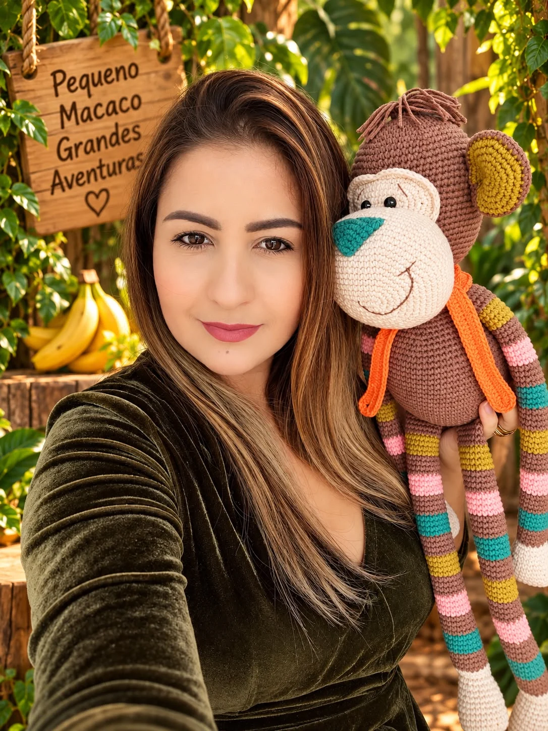 Artesã Gabrielle Oliveira mostrando o Kiko de amigurumi